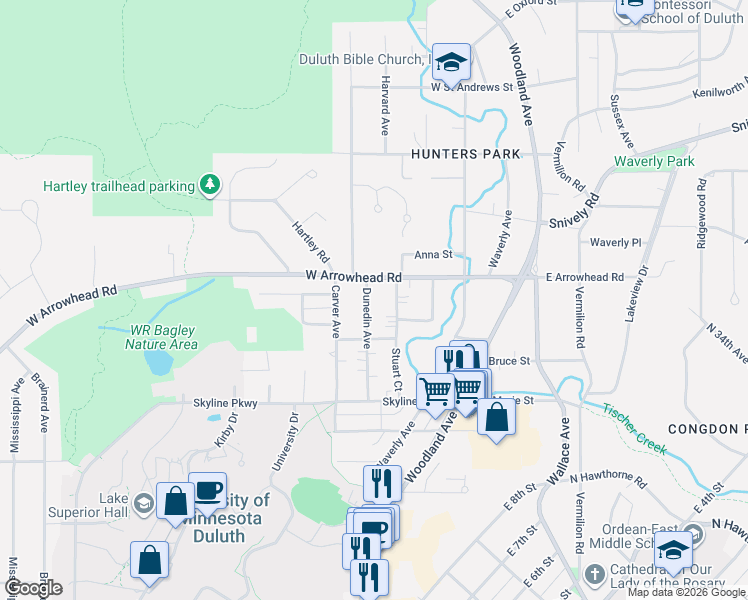 map of restaurants, bars, coffee shops, grocery stores, and more near 314 West Arrowhead Road in Duluth