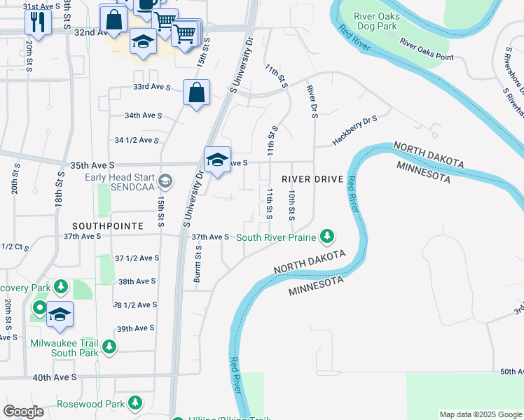 map of restaurants, bars, coffee shops, grocery stores, and more near 3602 11th Street South in Fargo