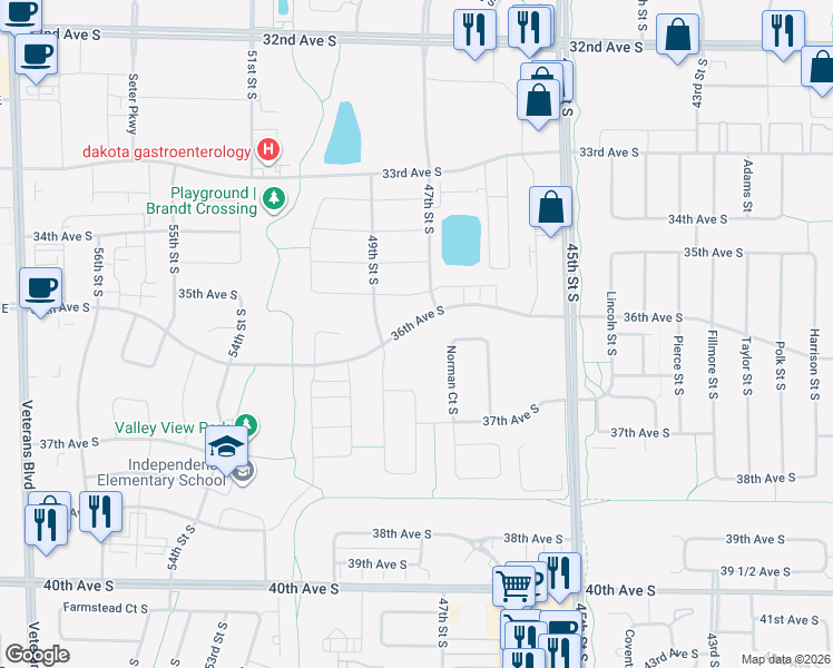 map of restaurants, bars, coffee shops, grocery stores, and more near 4808 Spencer Lane South in Fargo