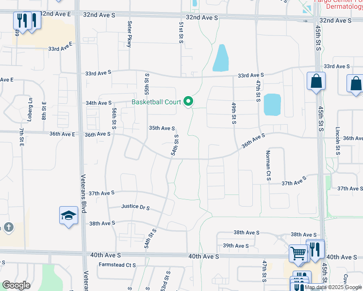 map of restaurants, bars, coffee shops, grocery stores, and more near 3551 54th Street South in Fargo