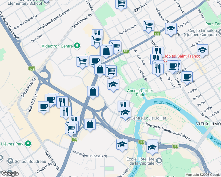 map of restaurants, bars, coffee shops, grocery stores, and more near 1500 Avenue François-1er in Québec