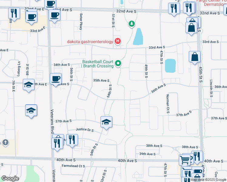 map of restaurants, bars, coffee shops, grocery stores, and more near 3551 54th Street South in Fargo