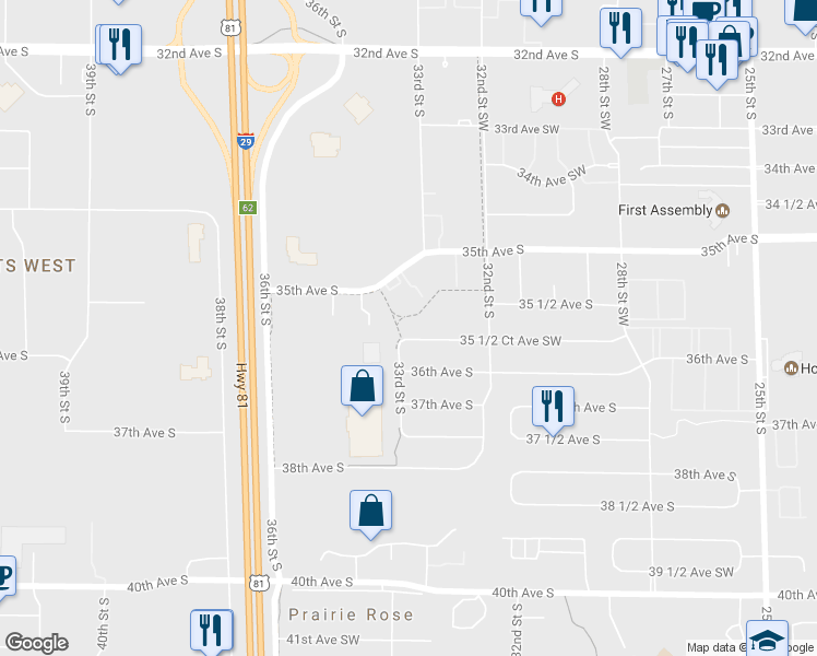 map of restaurants, bars, coffee shops, grocery stores, and more near 3253 35 1/2 Court Avenue Southwest in Fargo
