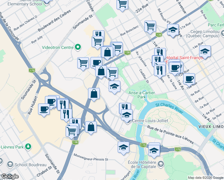 map of restaurants, bars, coffee shops, grocery stores, and more near 1500 Avenue François-1er in Québec