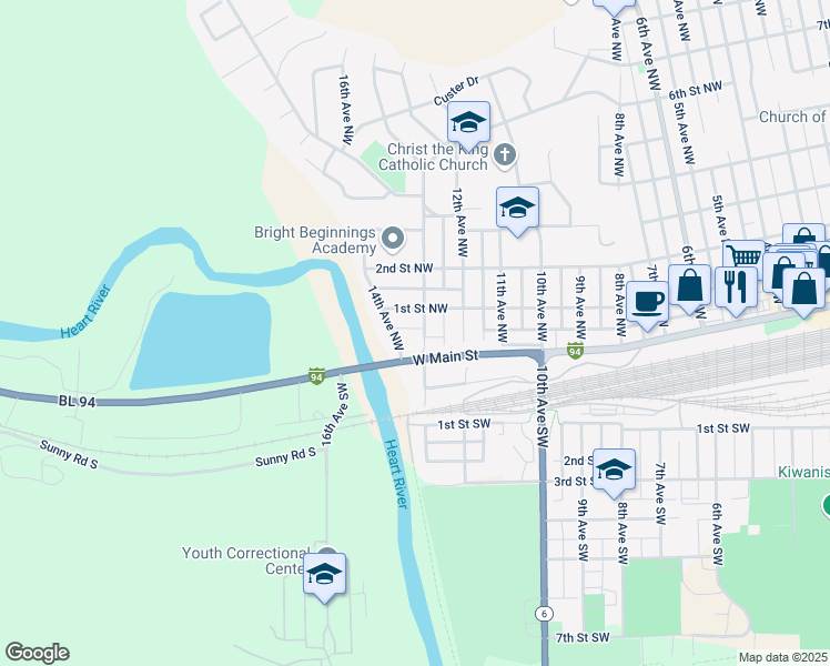 map of restaurants, bars, coffee shops, grocery stores, and more near 109 13th Avenue Northwest in Mandan