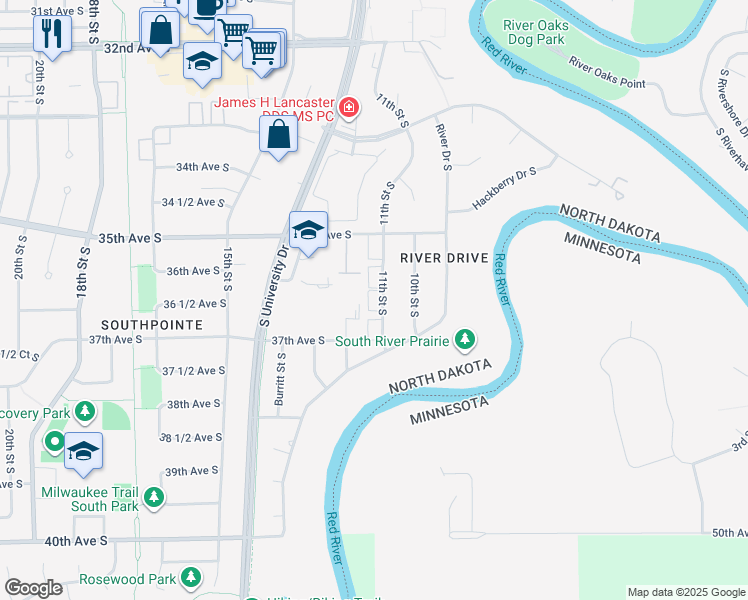 map of restaurants, bars, coffee shops, grocery stores, and more near 3601 11th Street South in Fargo