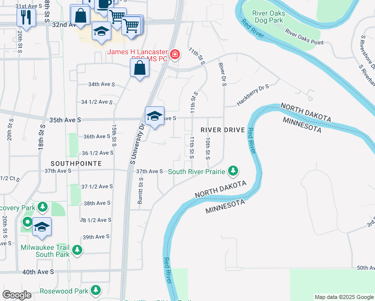 map of restaurants, bars, coffee shops, grocery stores, and more near 3601 11th Street South in Fargo