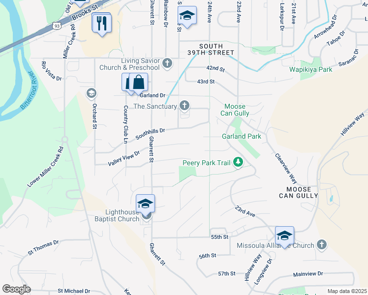 map of restaurants, bars, coffee shops, grocery stores, and more near 2418 Valley View Drive in Missoula