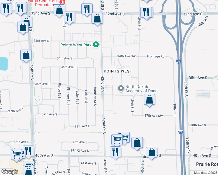 map of restaurants, bars, coffee shops, grocery stores, and more near 3550 42nd Street Southwest in Fargo