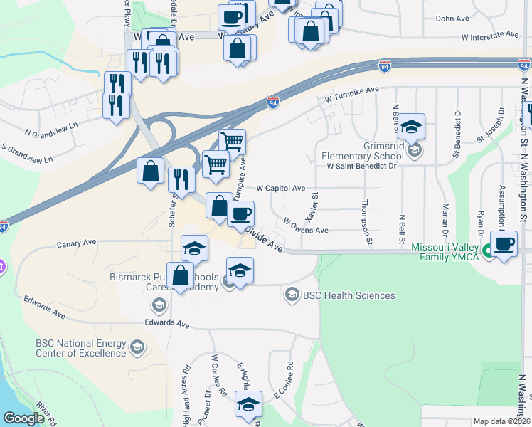 map of restaurants, bars, coffee shops, grocery stores, and more near 1141 West Owens Avenue in Bismarck