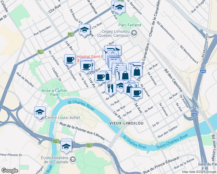 map of restaurants, bars, coffee shops, grocery stores, and more near 911 2 Avenue in Québec
