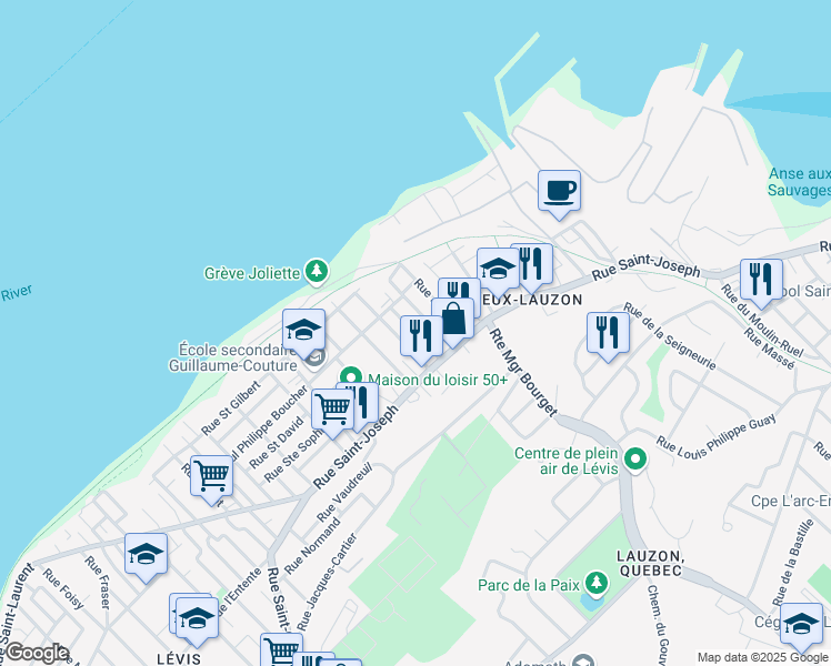 map of restaurants, bars, coffee shops, grocery stores, and more near Rue Charland in Lévis