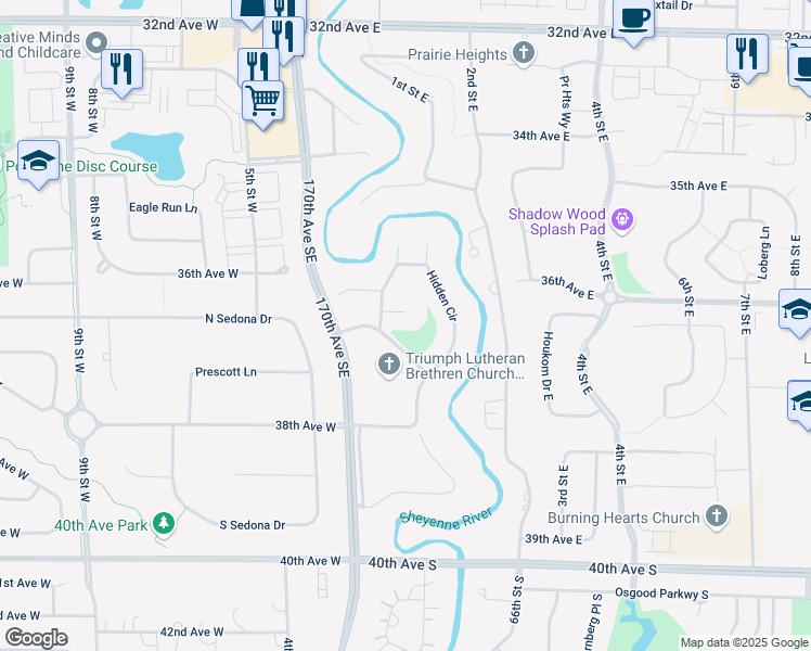 map of restaurants, bars, coffee shops, grocery stores, and more near 217 36 1/2 Avenue Place East in West Fargo