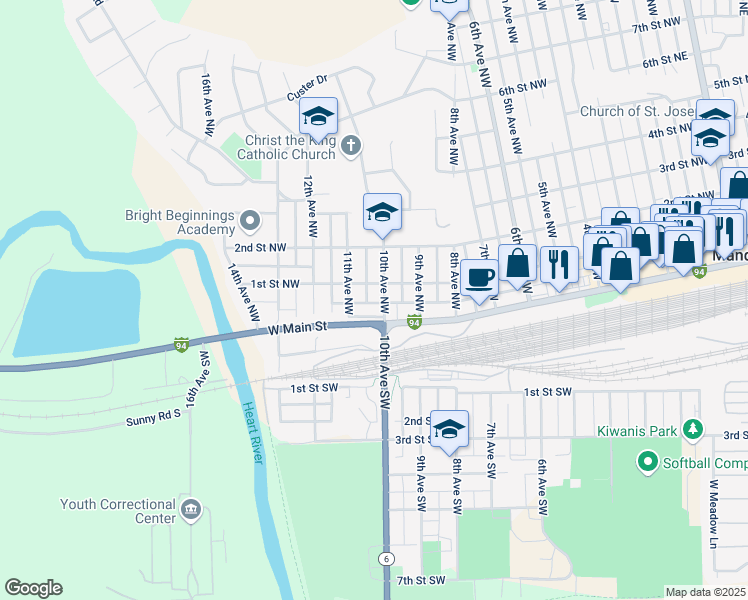 map of restaurants, bars, coffee shops, grocery stores, and more near 153-199 10th Avenue Northwest in Mandan