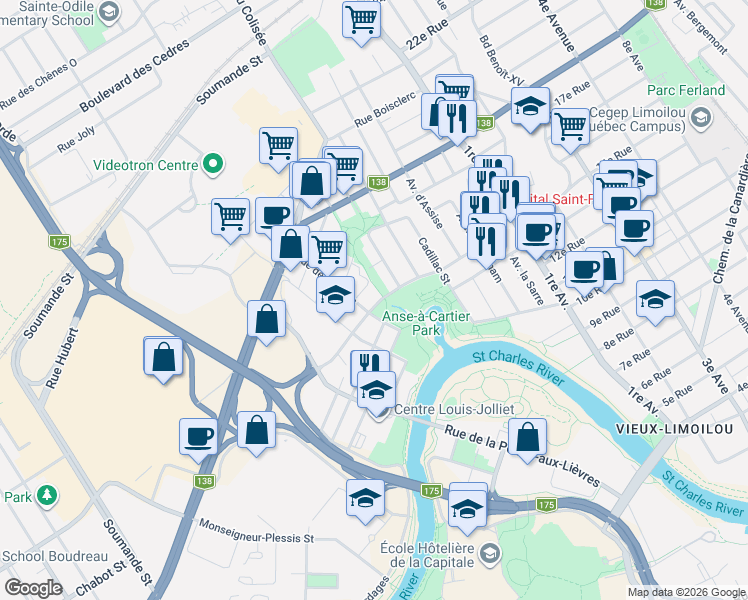 map of restaurants, bars, coffee shops, grocery stores, and more near 220 Rue de l'Espinay in Québec
