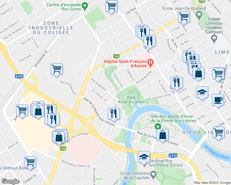 map of restaurants, bars, coffee shops, grocery stores, and more near 220 Rue de l'Espinay in Québec