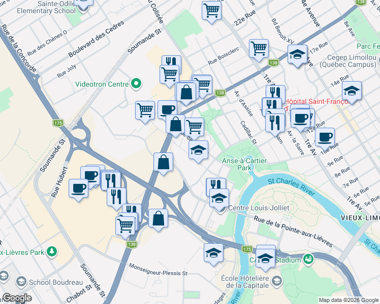 map of restaurants, bars, coffee shops, grocery stores, and more near 289 Rue de la Martinière in Québec