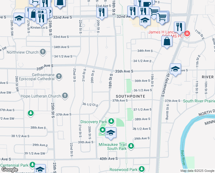 map of restaurants, bars, coffee shops, grocery stores, and more near 3625 18th Street South in Fargo