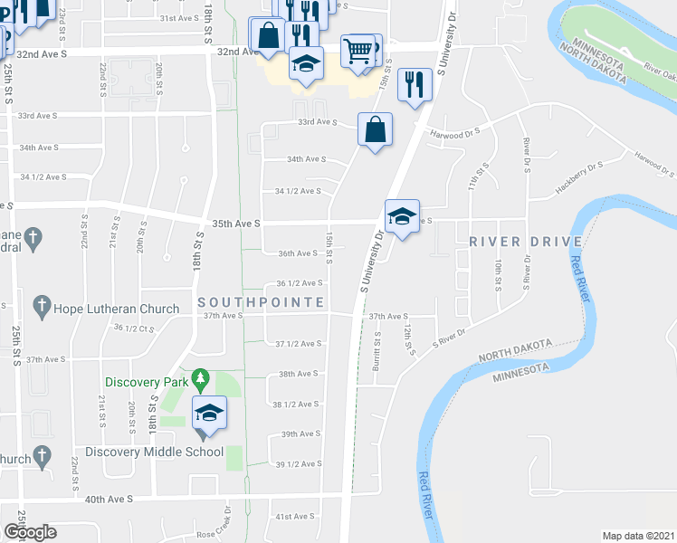 map of restaurants, bars, coffee shops, grocery stores, and more near 3624 15th St S in Fargo