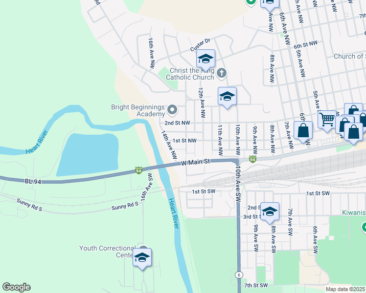 map of restaurants, bars, coffee shops, grocery stores, and more near 109 13th Avenue Northwest in Mandan