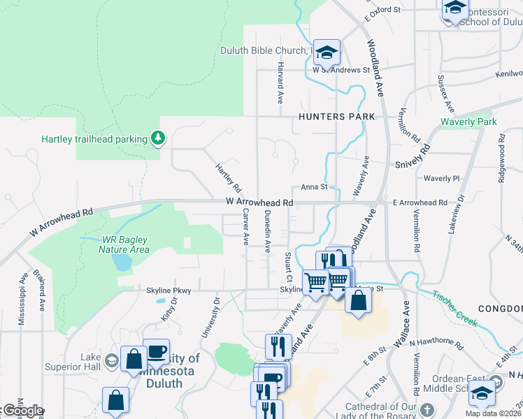 map of restaurants, bars, coffee shops, grocery stores, and more near 420 West Arrowhead Road in Duluth