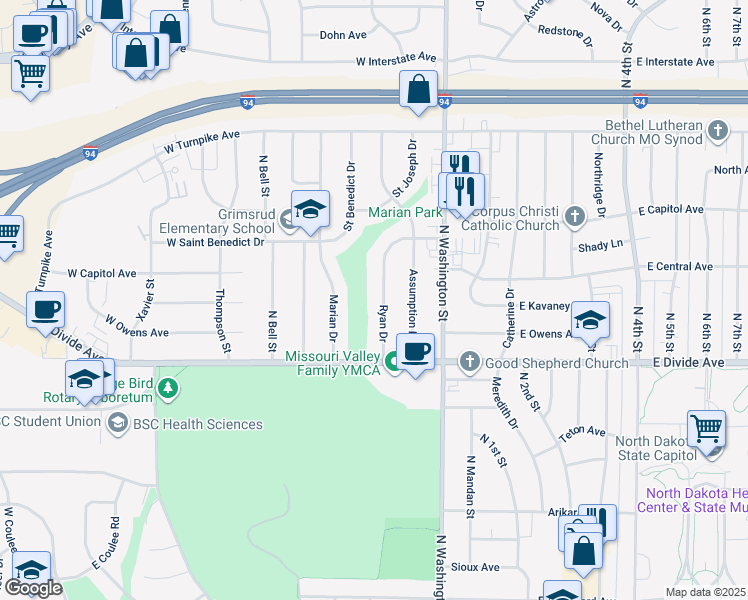 map of restaurants, bars, coffee shops, grocery stores, and more near 1814 Ryan Drive in Bismarck