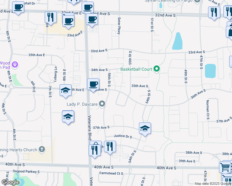 map of restaurants, bars, coffee shops, grocery stores, and more near 3692 Cordova Loop South in Fargo