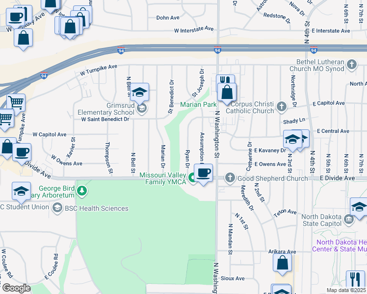 map of restaurants, bars, coffee shops, grocery stores, and more near 1814 Ryan Drive in Bismarck