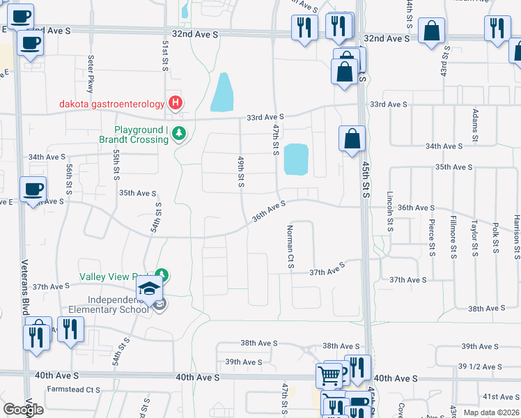 map of restaurants, bars, coffee shops, grocery stores, and more near 4801 36th Avenue South in Fargo