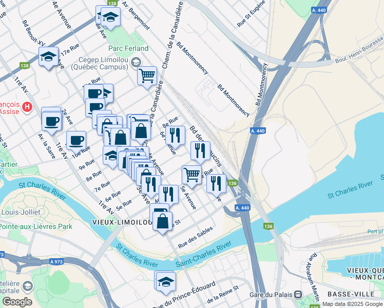 map of restaurants, bars, coffee shops, grocery stores, and more near 550 8e Avenue in Québec