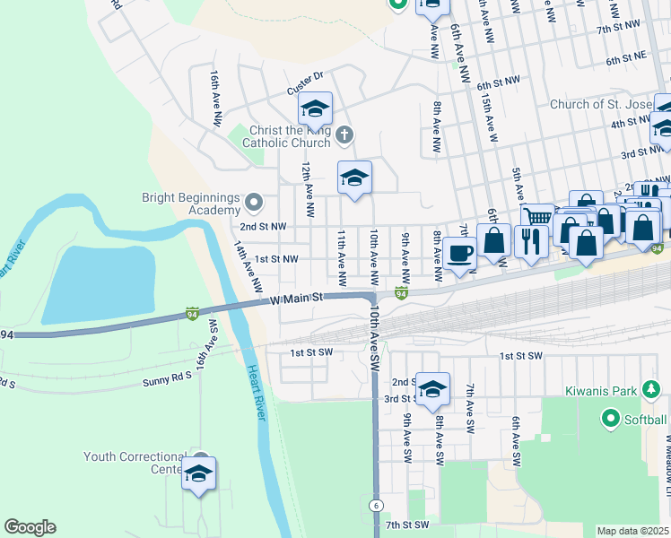 map of restaurants, bars, coffee shops, grocery stores, and more near 109 11th Avenue Northwest in Mandan