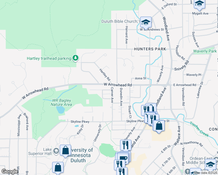 map of restaurants, bars, coffee shops, grocery stores, and more near 444 West Arrowhead Road in Duluth