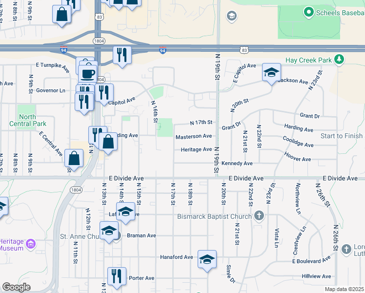 map of restaurants, bars, coffee shops, grocery stores, and more near 1716 Heritage Avenue in Bismarck