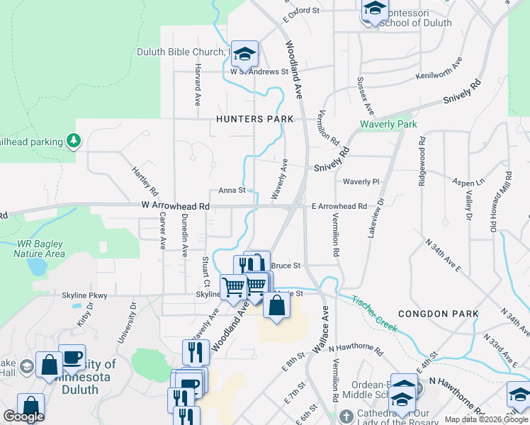 map of restaurants, bars, coffee shops, grocery stores, and more near 22 West Arrowhead Road in Duluth