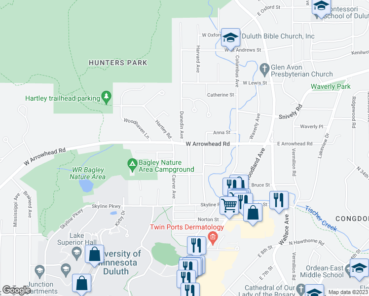 map of restaurants, bars, coffee shops, grocery stores, and more near 420 West Arrowhead Road in Duluth
