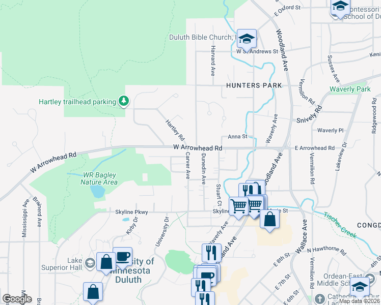map of restaurants, bars, coffee shops, grocery stores, and more near 420 West Arrowhead Road in Duluth