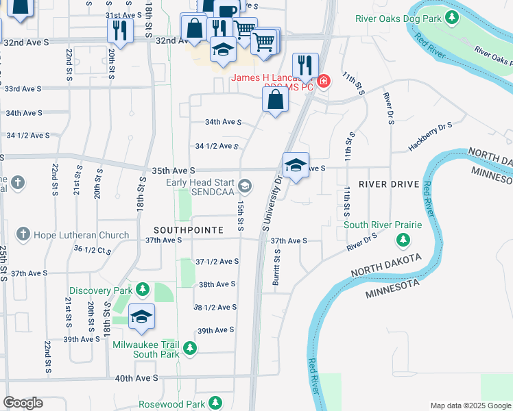 map of restaurants, bars, coffee shops, grocery stores, and more near 3624 15th Street South in Fargo