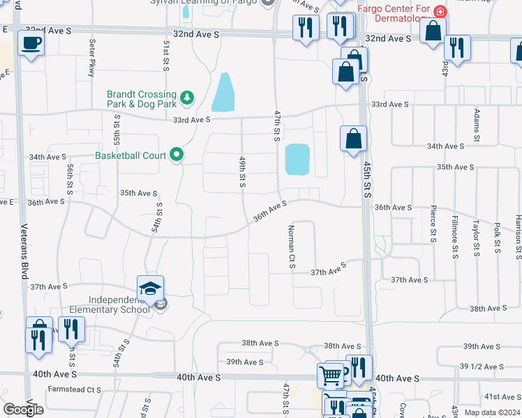 map of restaurants, bars, coffee shops, grocery stores, and more near 4801 36th Avenue South in Fargo