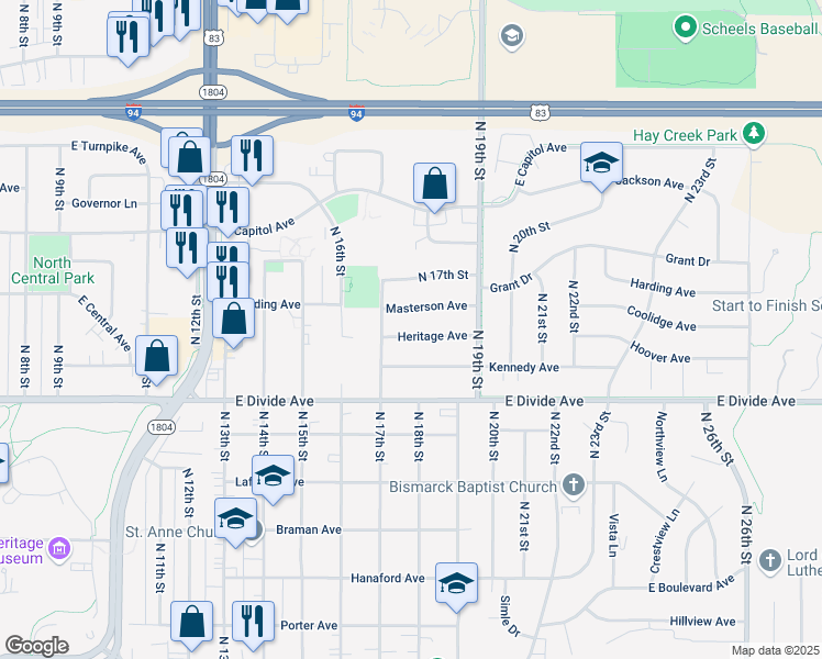map of restaurants, bars, coffee shops, grocery stores, and more near 1716 Heritage Avenue in Bismarck