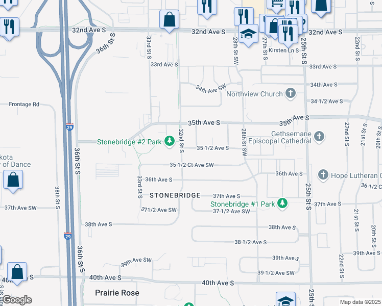 map of restaurants, bars, coffee shops, grocery stores, and more near 3118 35 1/2 Avenue South in Fargo