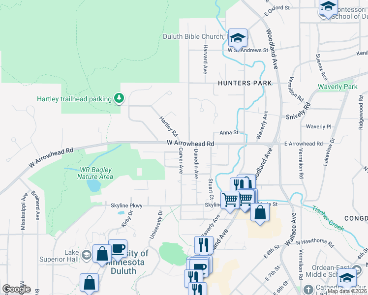 map of restaurants, bars, coffee shops, grocery stores, and more near 420 West Arrowhead Road in Duluth