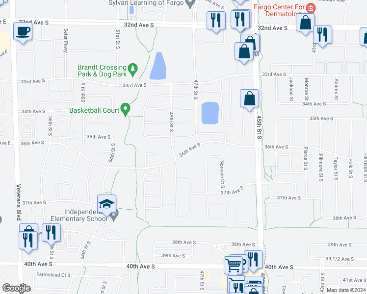 map of restaurants, bars, coffee shops, grocery stores, and more near 4801 36th Avenue South in Fargo