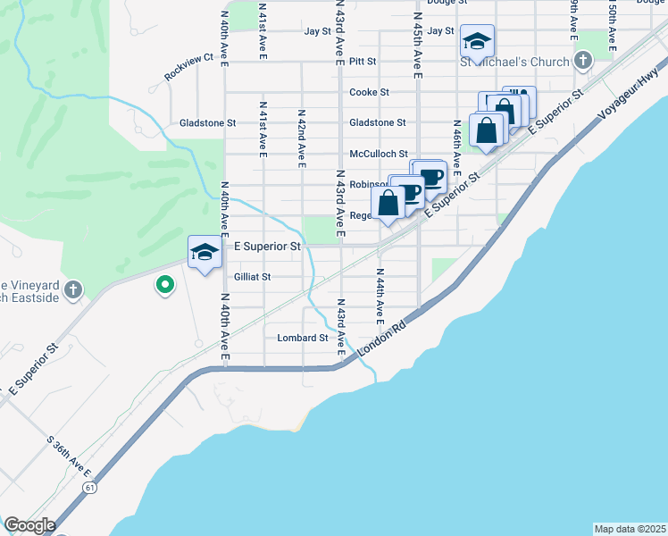 map of restaurants, bars, coffee shops, grocery stores, and more near 303 North 43rd Avenue East in Duluth