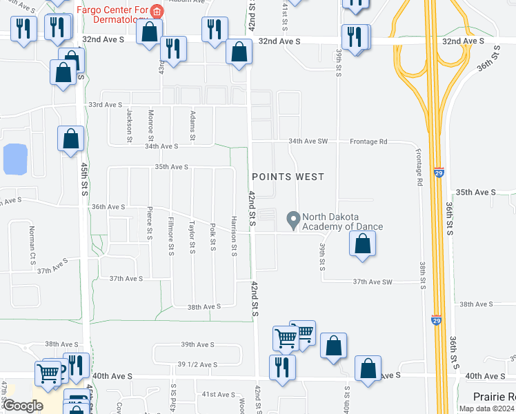 map of restaurants, bars, coffee shops, grocery stores, and more near 3550 42nd Street Southwest in Fargo
