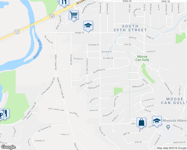 map of restaurants, bars, coffee shops, grocery stores, and more near 2625 South Hills Drive in Missoula