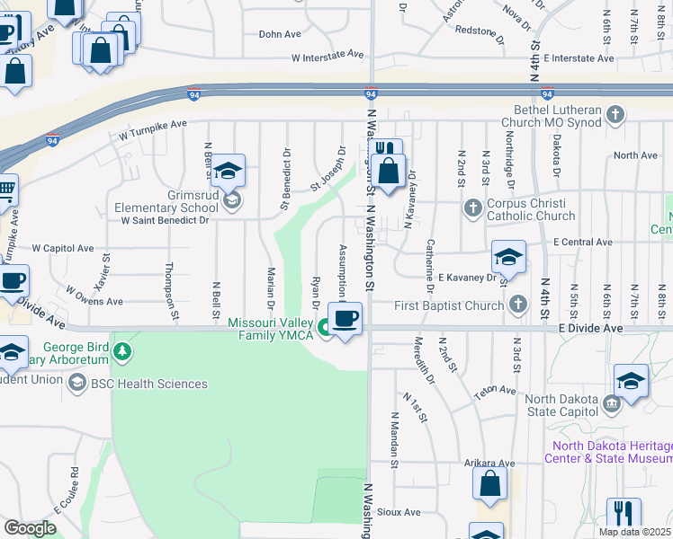 map of restaurants, bars, coffee shops, grocery stores, and more near 1818 Assumption Drive in Bismarck