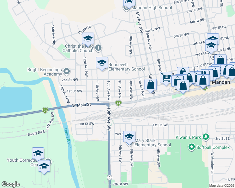 map of restaurants, bars, coffee shops, grocery stores, and more near 109 9th Avenue Southwest in Mandan
