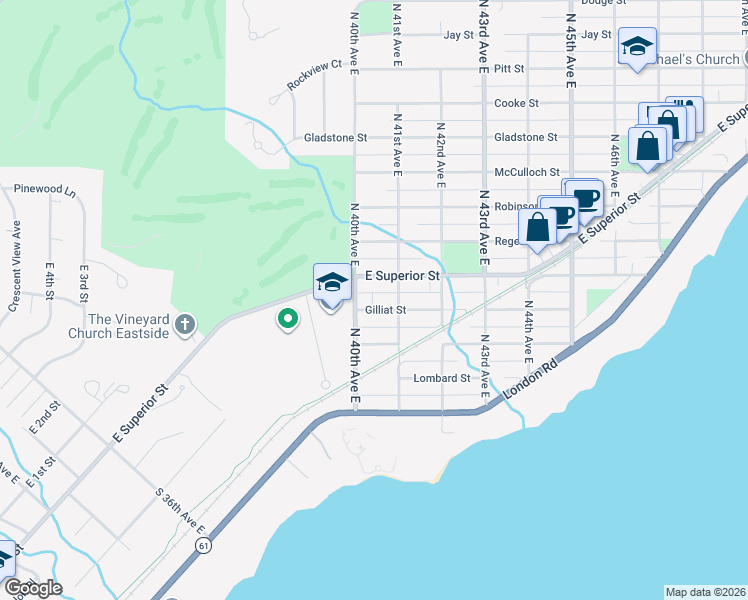 map of restaurants, bars, coffee shops, grocery stores, and more near 4011 Gilliat Street in Duluth