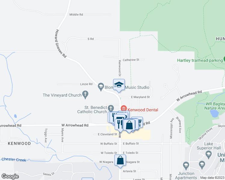 map of restaurants, bars, coffee shops, grocery stores, and more near 10 Howard Gnesen Road in Duluth