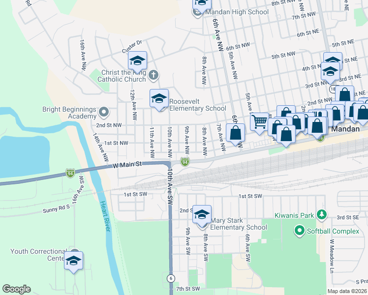 map of restaurants, bars, coffee shops, grocery stores, and more near 109 9th Avenue Southwest in Mandan